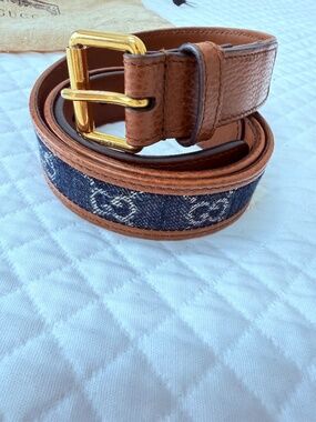 Gucci Brown Leather and Blue GG Denim Belt with Gold Buckle $350- size 85